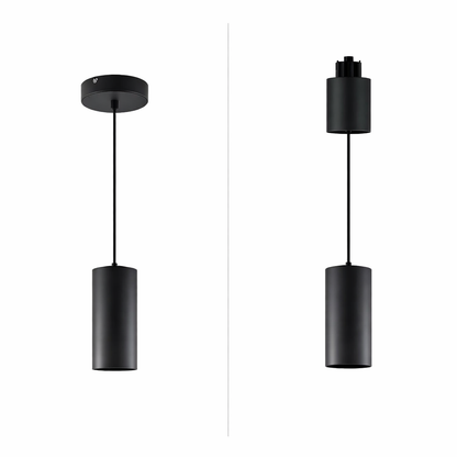 Two black pendant lights on a white background