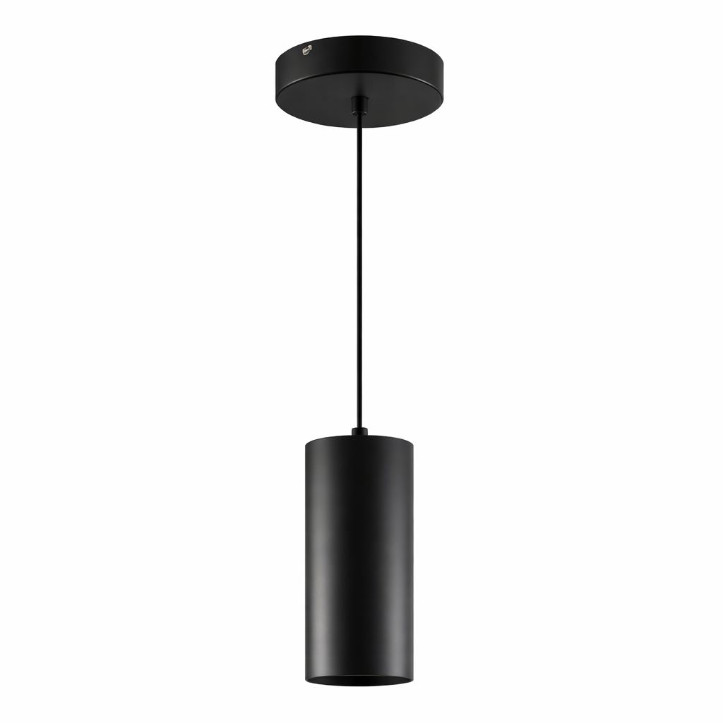 Black pendant light on a white background