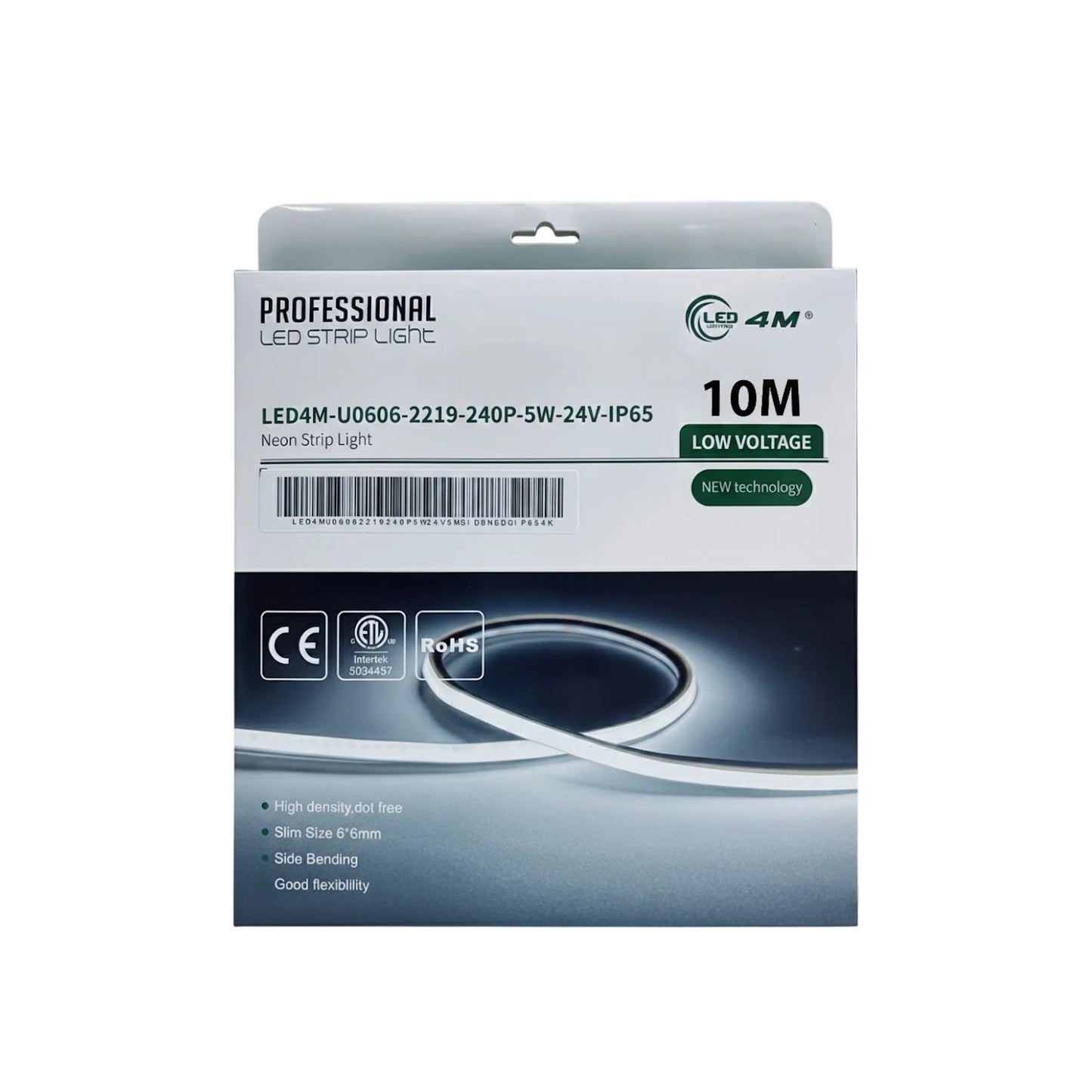 Package of LED strip light with specifications on a white background