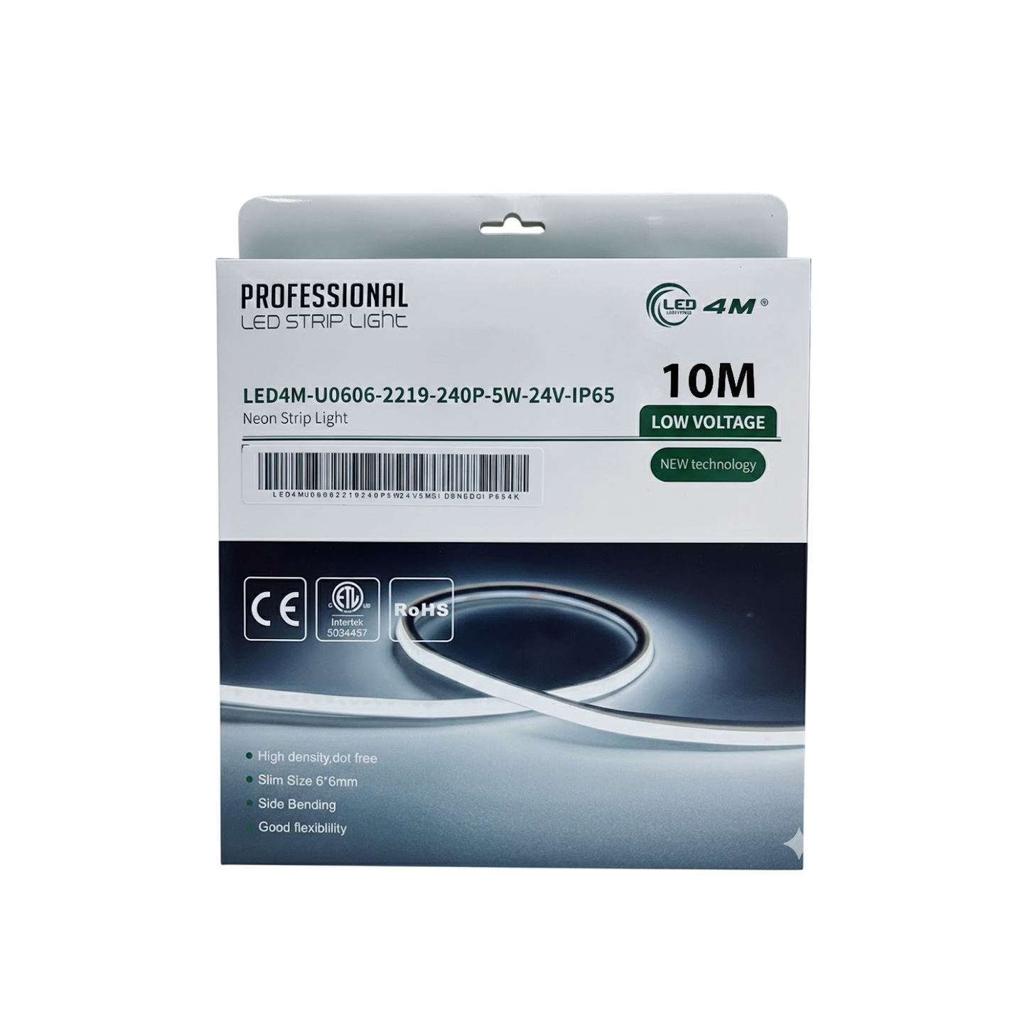 Package of LED strip light with specifications on a white background