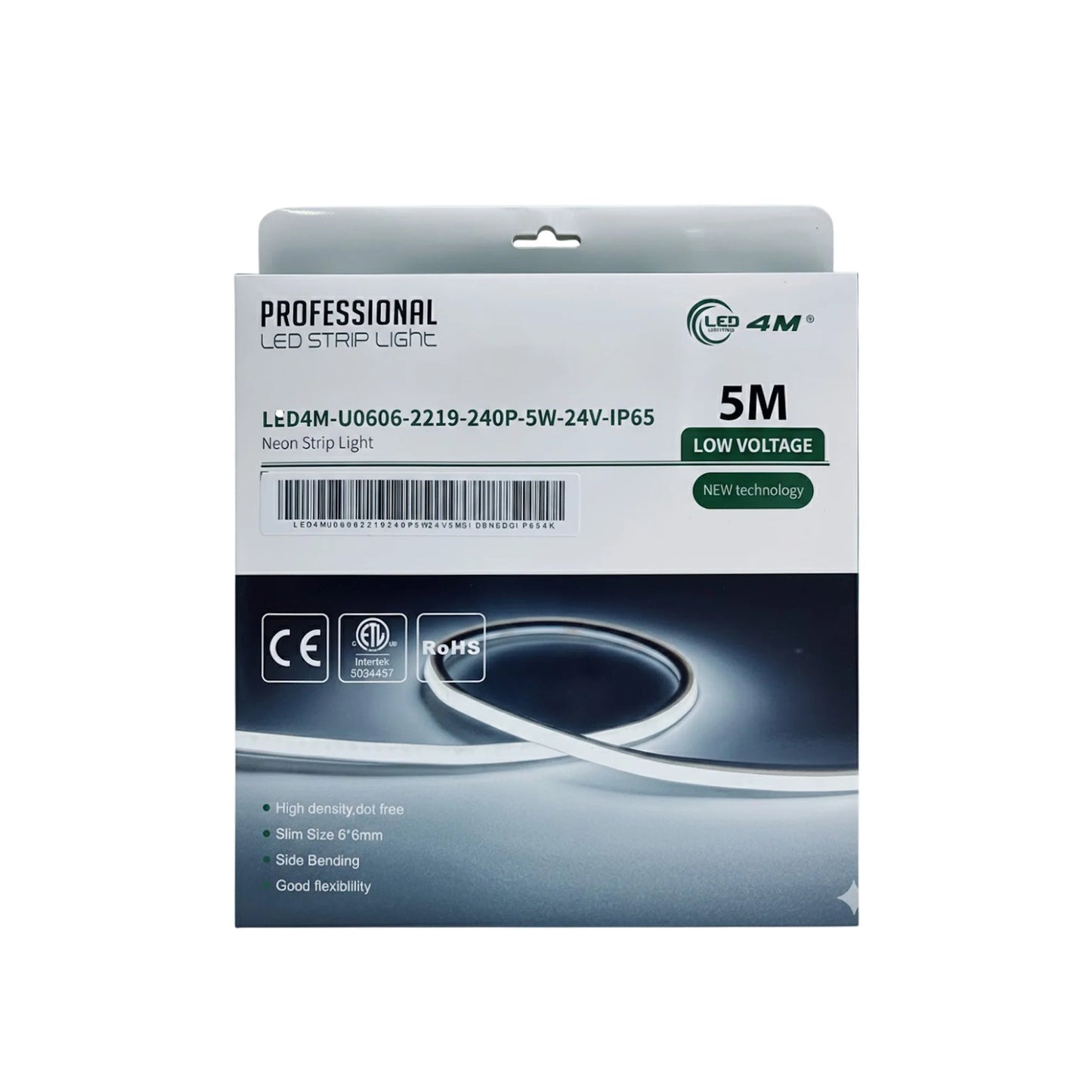 Package of LED strip light with specifications on a white background
