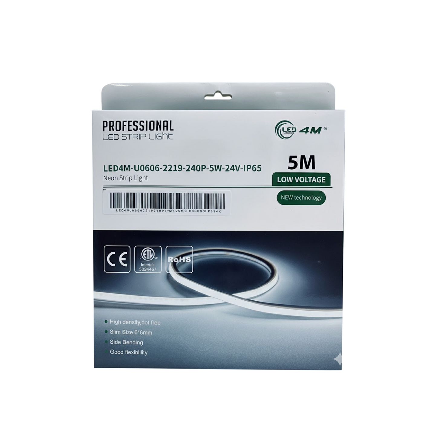 Package of LED strip light with specifications on a white background