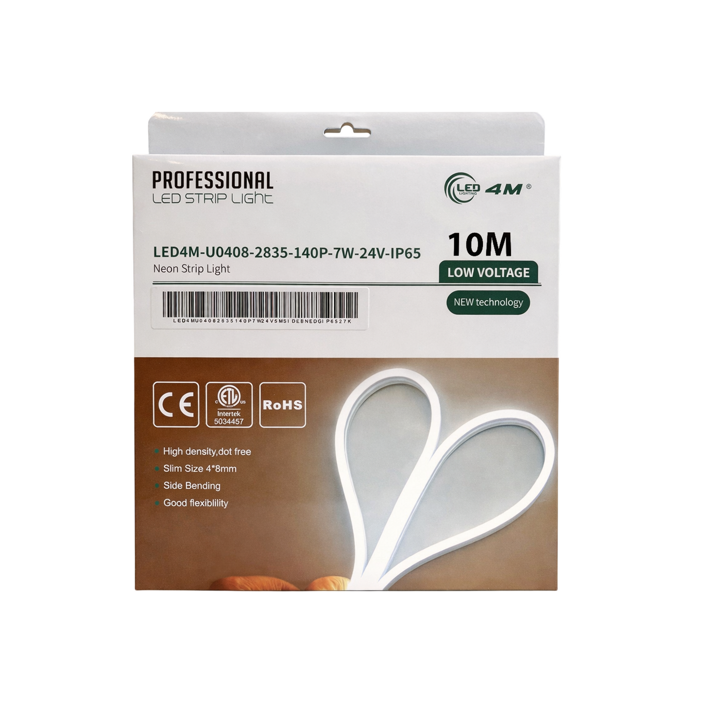 Package of LED strip light with branding and specifications on a white background