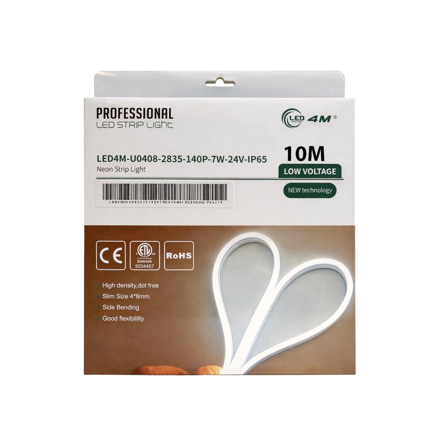 Package of LED strip light with branding and specifications on a white background