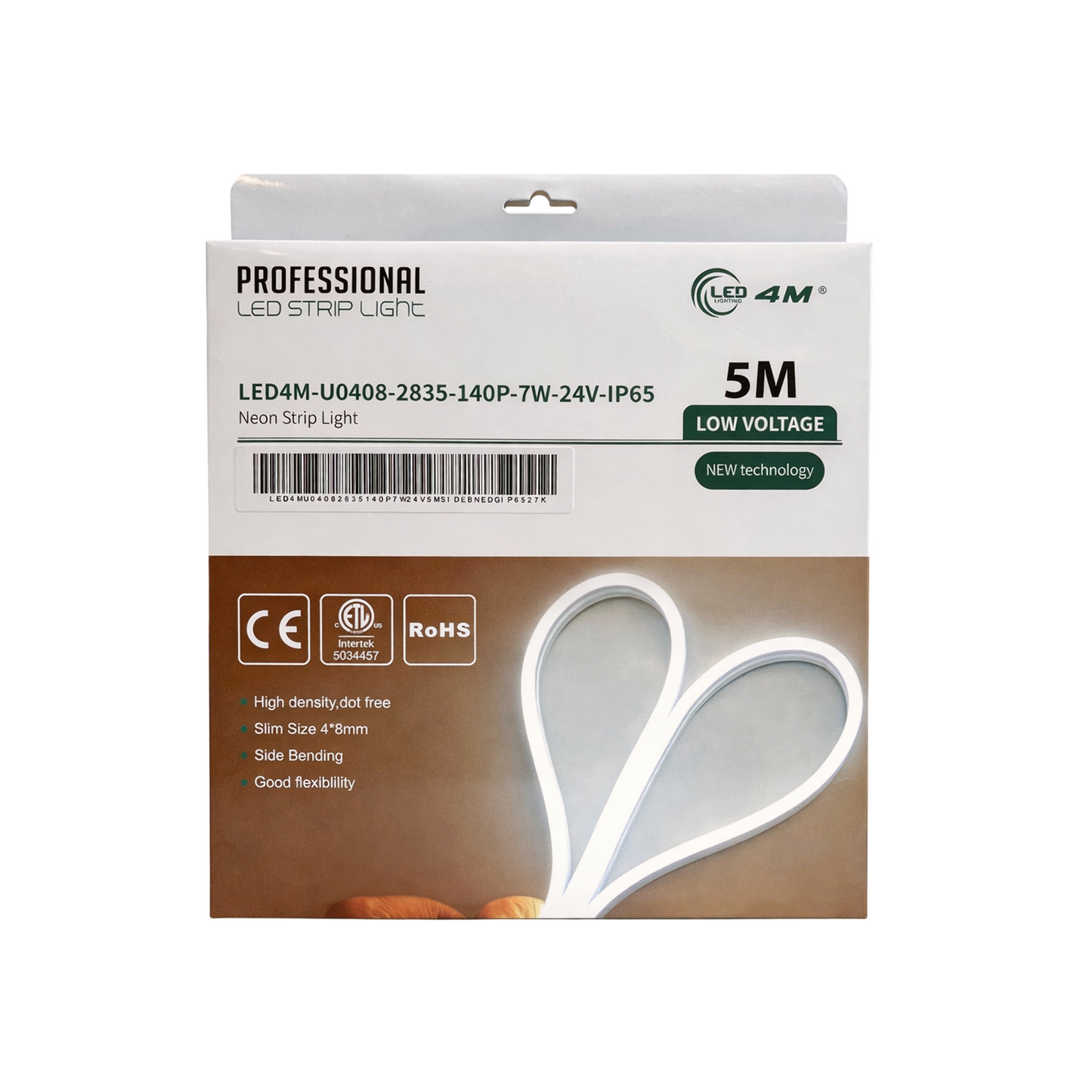 Package of LED strip light with branding and specifications on a white background