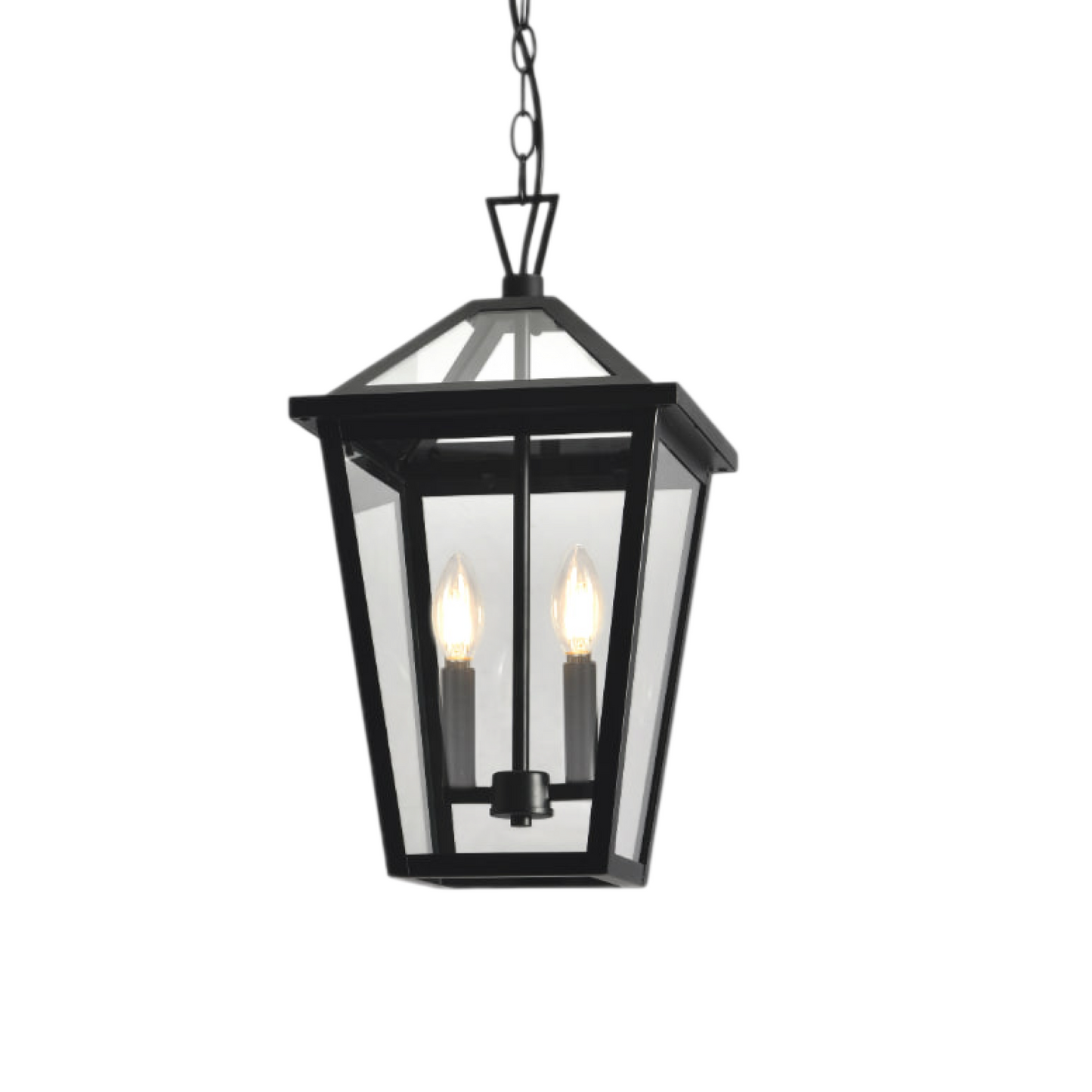Black lantern-style outdoor light fixture with clear glass on a white background