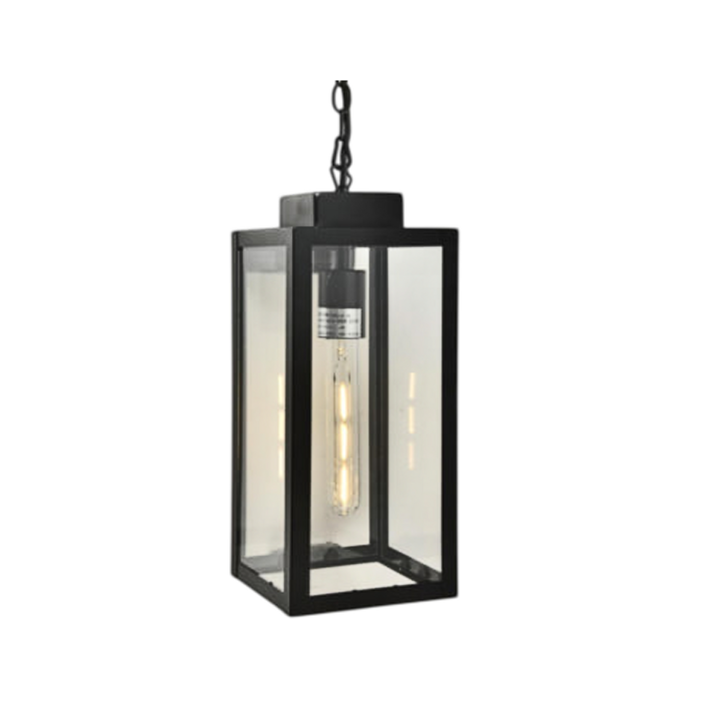 Black pendant light with clear glass on a white background