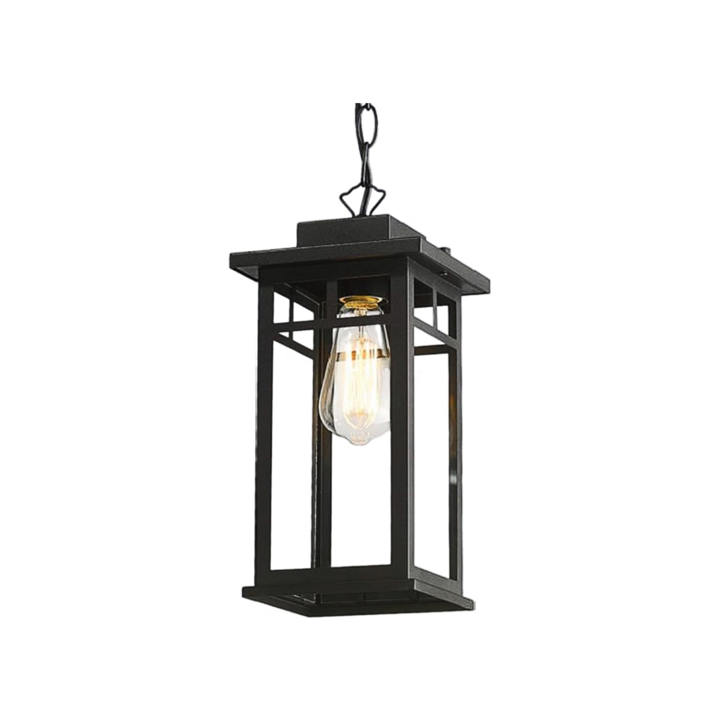 Black outdoor hanging lantern with a lit bulb on a white background