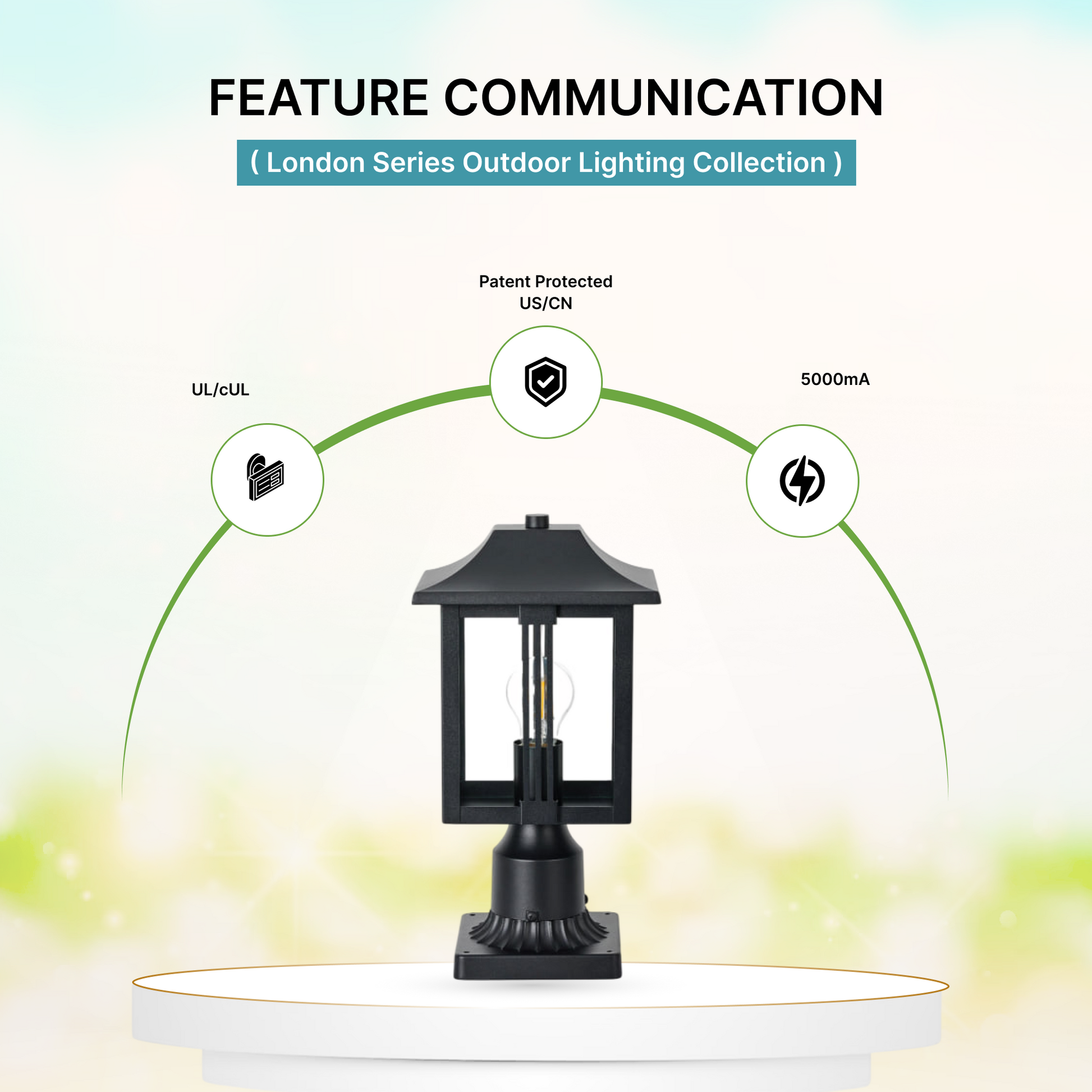 Outdoor lighting fixture with features highlighted on a white background