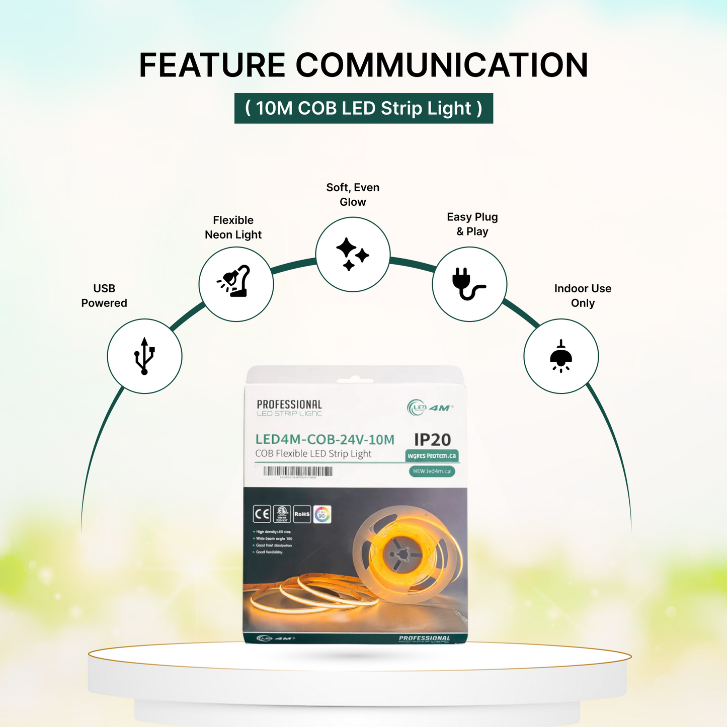 10M COB LED Strip Light - Dot-Free Continuous Glow, 24V Indoor, 180° Wide Beam (IP20)