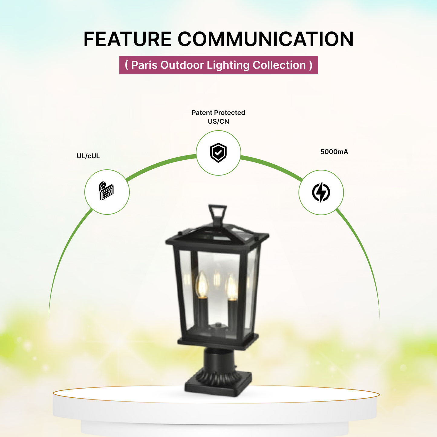 Outdoor lighting fixture with features highlighted on a gradient background