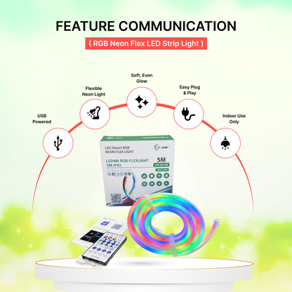 RGB Neon Flex LED Strip Light - 5M, IP65 Waterproof, USB Powered with Remote