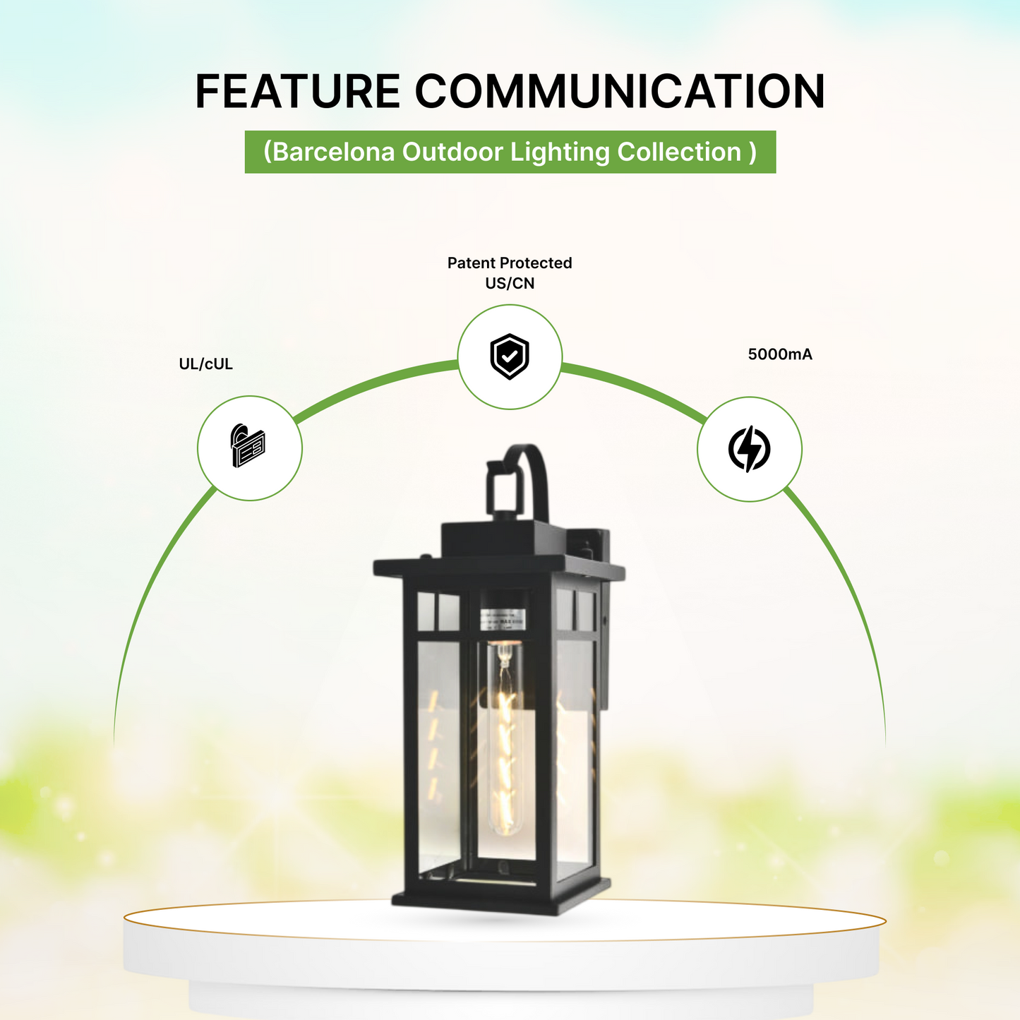 Outdoor lighting fixture with features highlighted on a white background