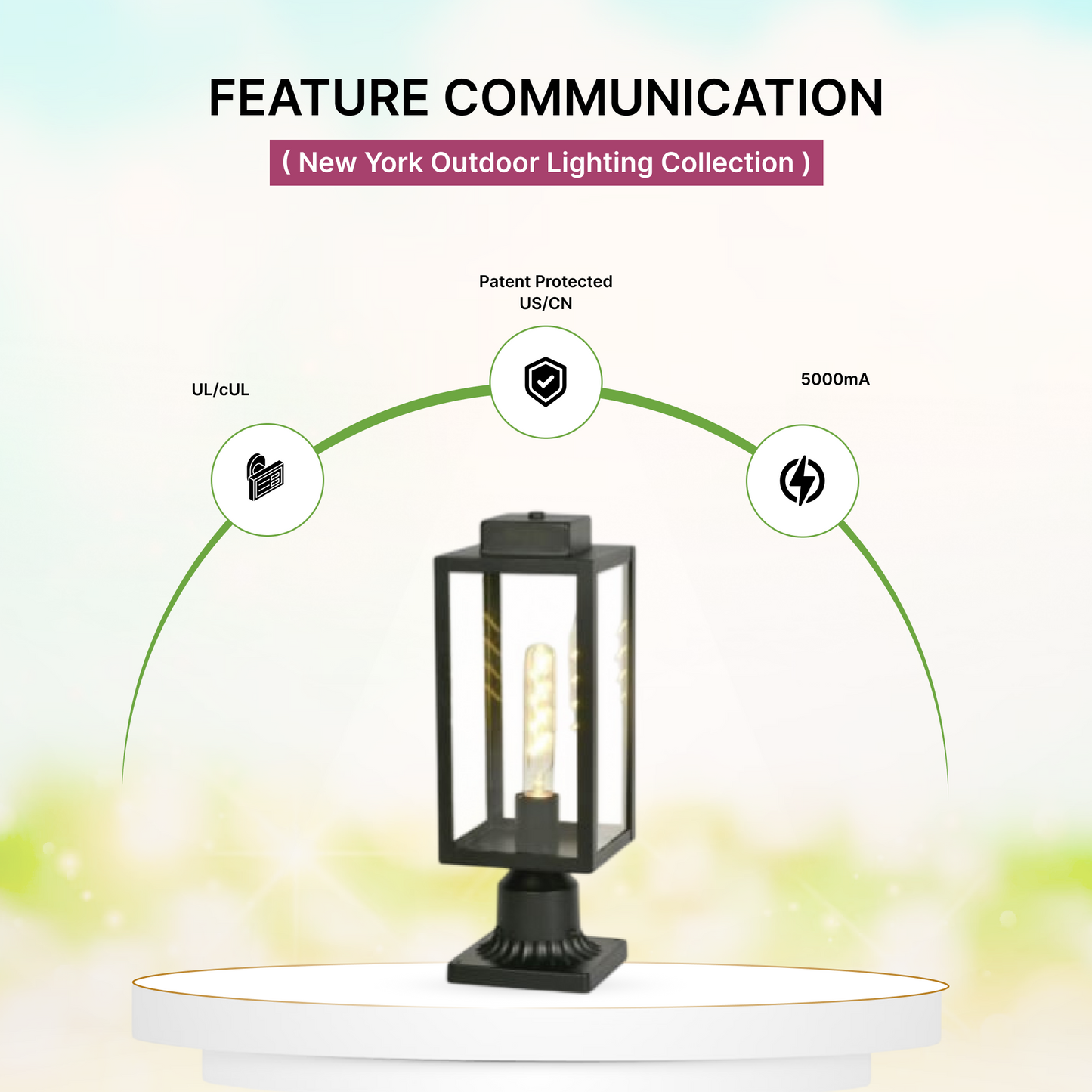 Outdoor lighting fixture with features highlighted on a gradient background