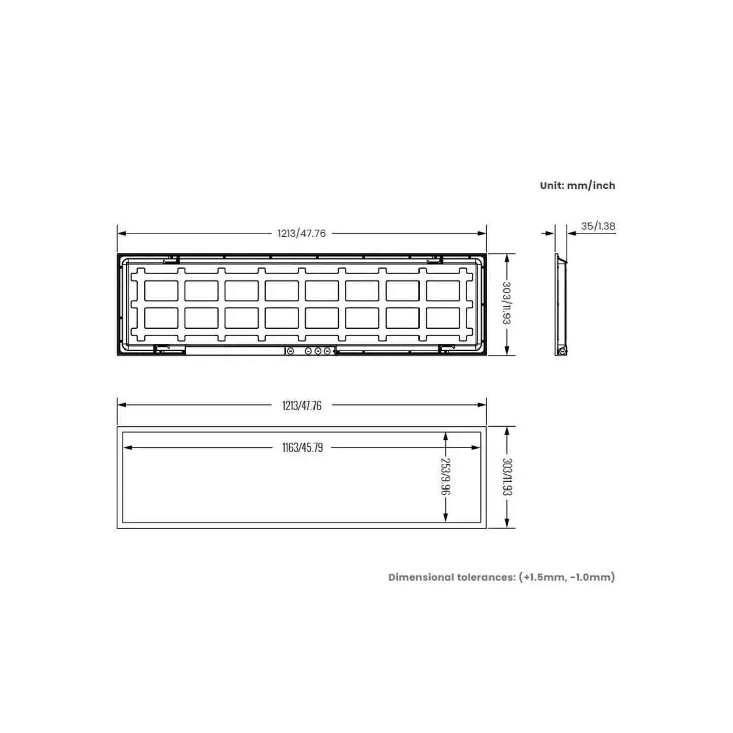 Technical drawing of a rectangular component with dimensions labeled | Selix Kala
