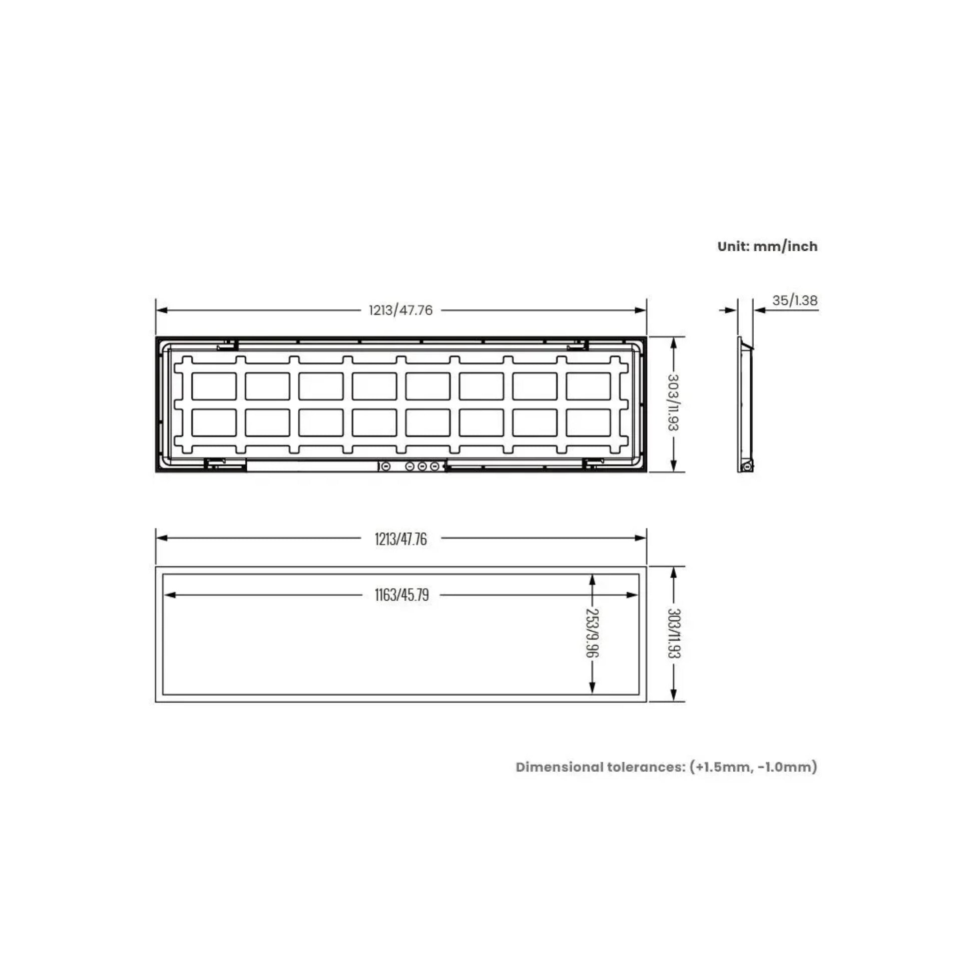Technical drawing of a rectangular component with dimensions labeled | Selix Kala