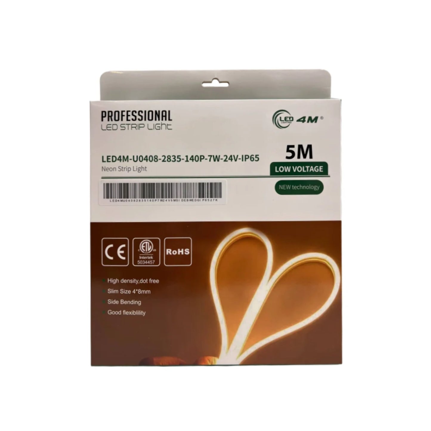 Package of LED strip light with branding and specifications on a white background