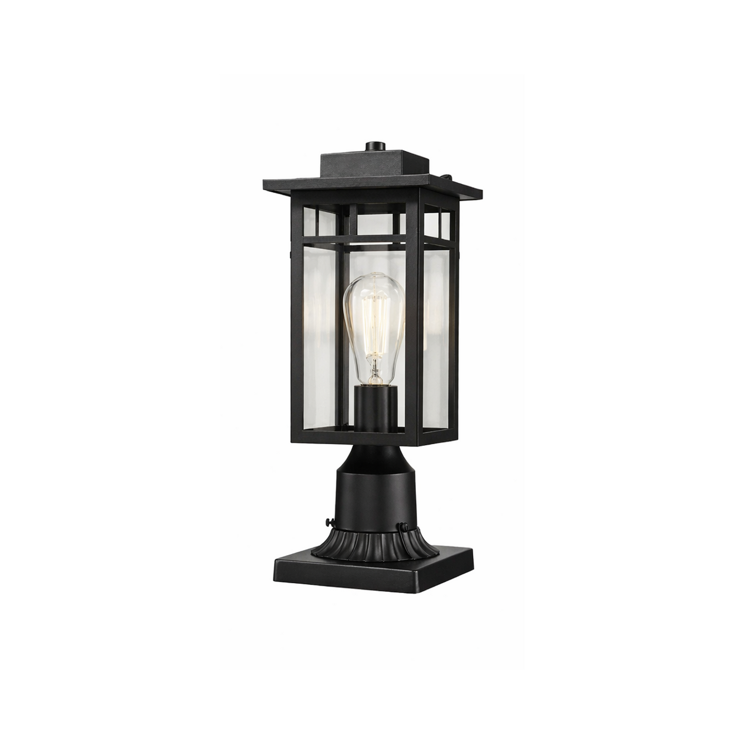 Black outdoor lantern with clear glass on a white background