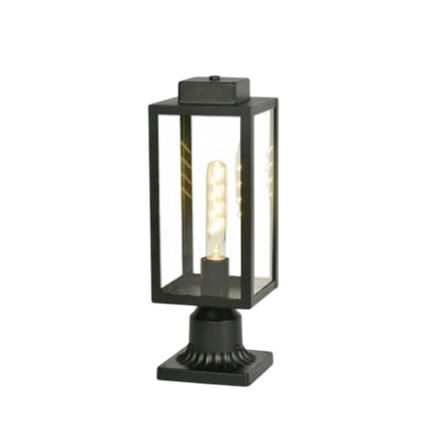 Black outdoor lantern with a lit bulb on a white background