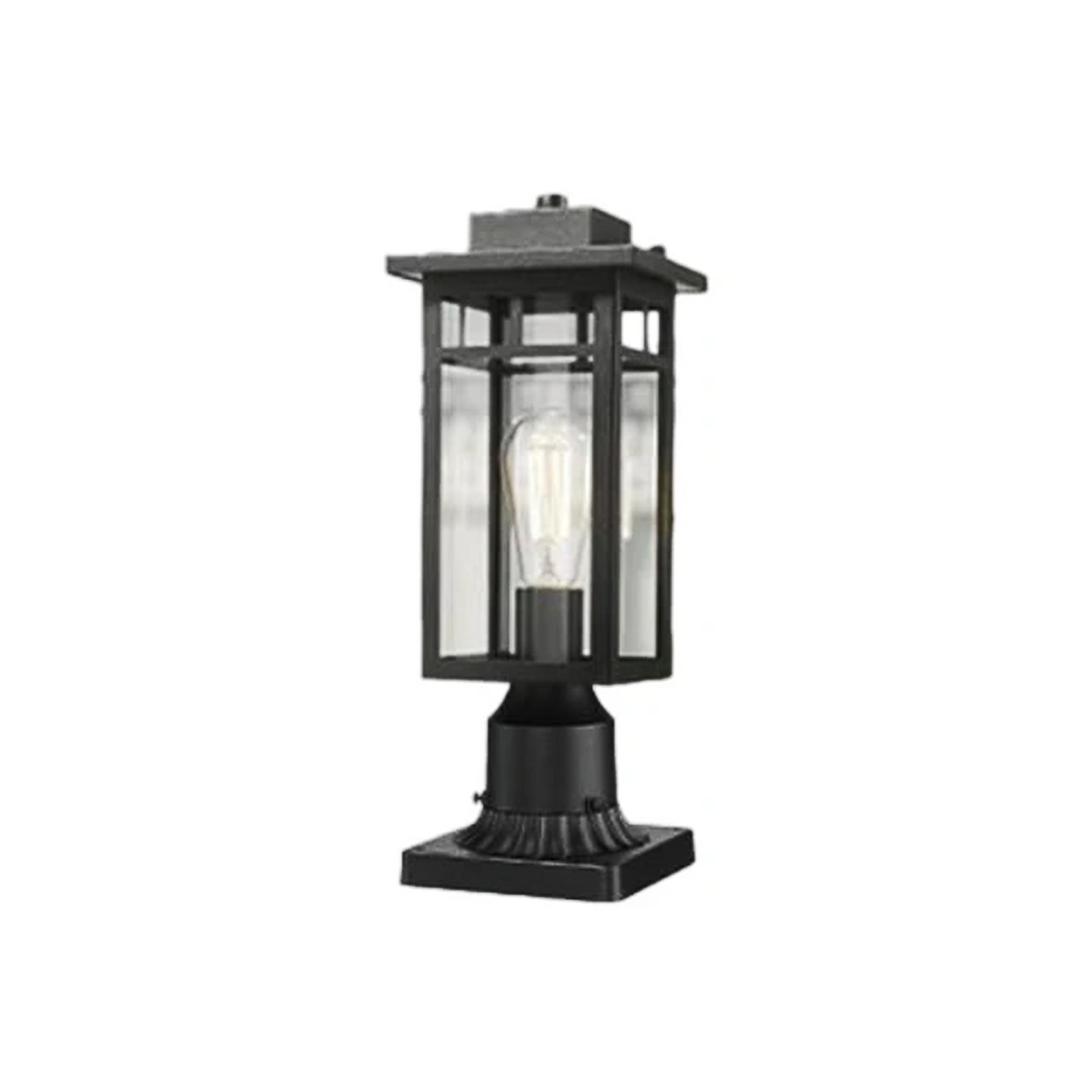 Black outdoor lantern with clear glass on a white background