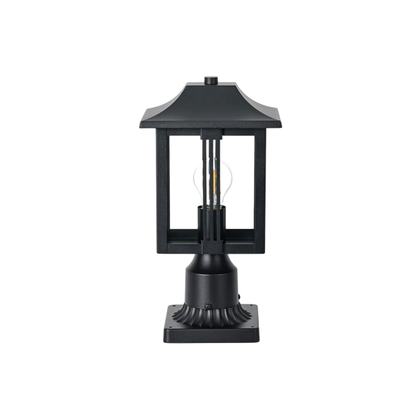 Black outdoor lamp with clear glass shade on a white background