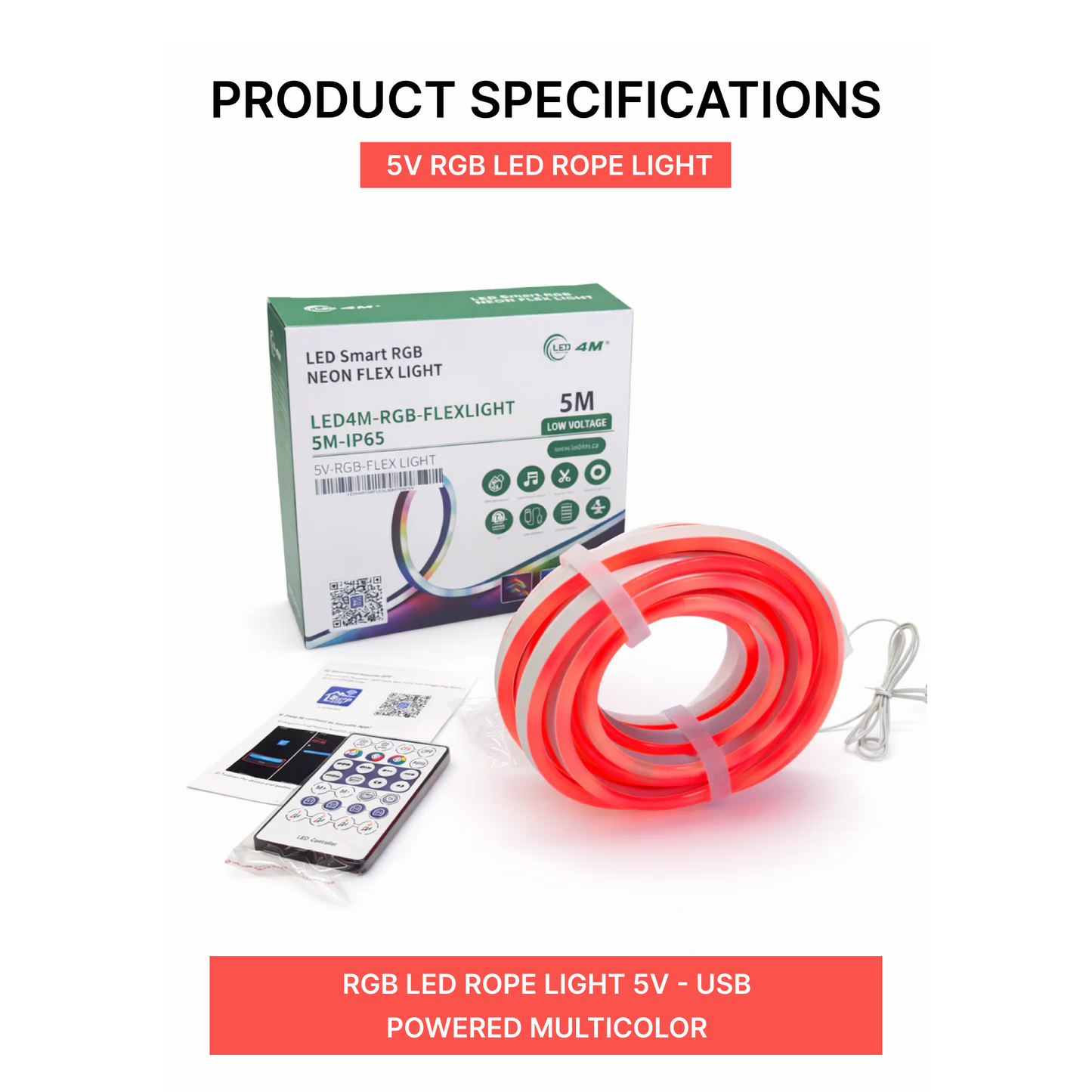 RGB LED Rope Light 5V - USB Powered Multicolor