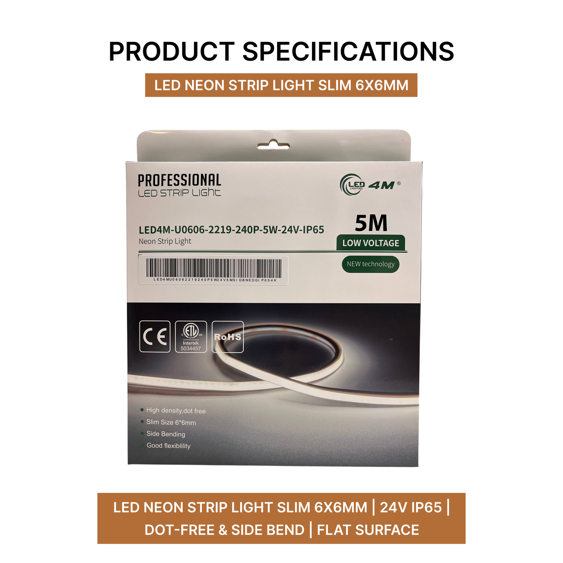 LED Neon Strip Light Slim 6x6mm | 24V IP65 | Dot-Free & Side Bend | Flat Surface-product specification