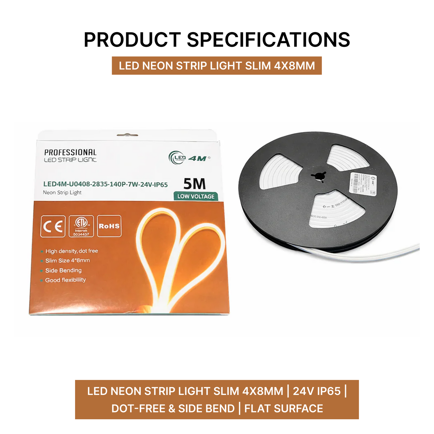 LED Neon Strip Light Slim 4x8mm | 24V IP65 | Dot-Free & Side Bend | Flat Surface-product-specification | Selix Kala