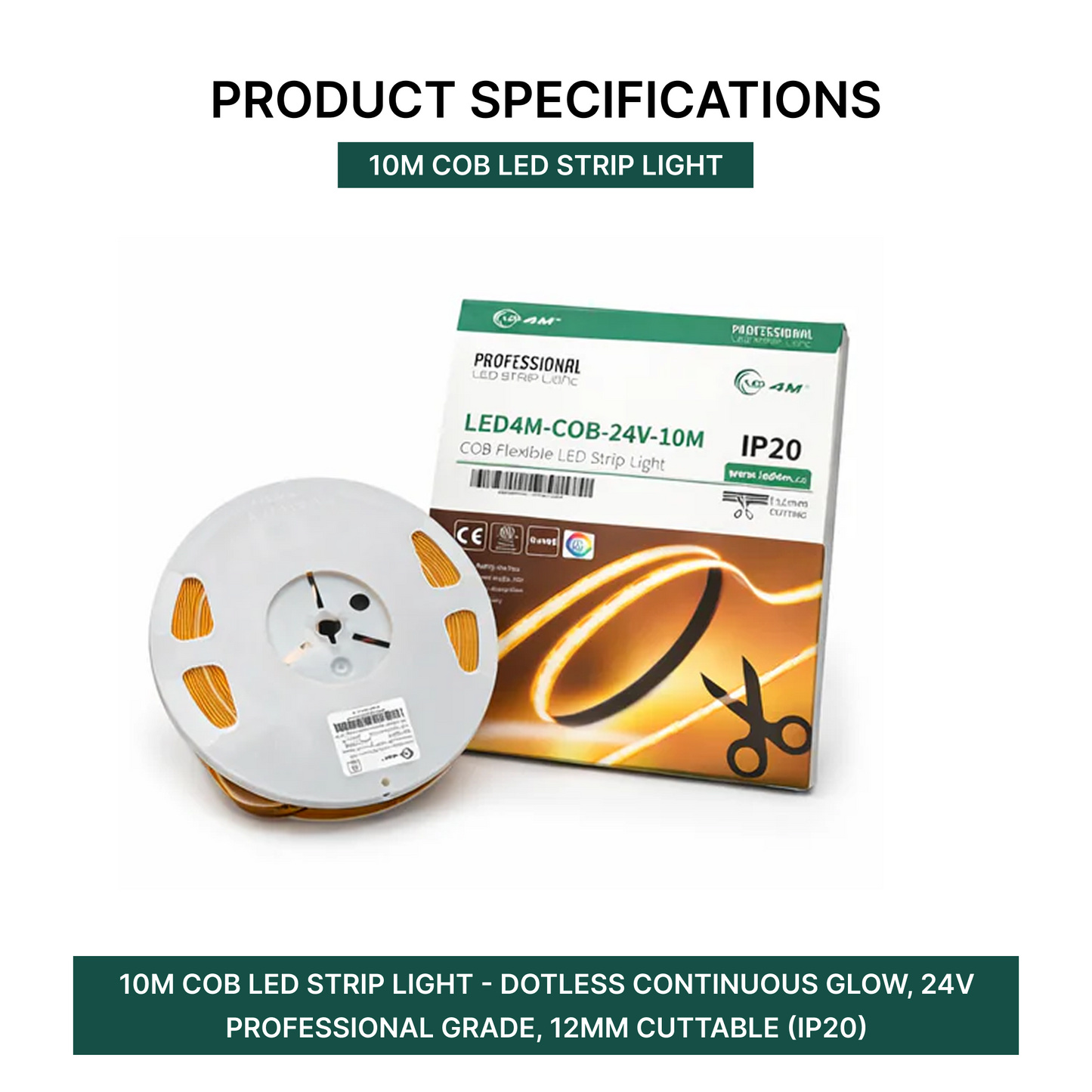 10M COB LED Strip Light - Dotless Continuous Glow, 24V Professional Grade, 12mm Cuttable (IP20)
