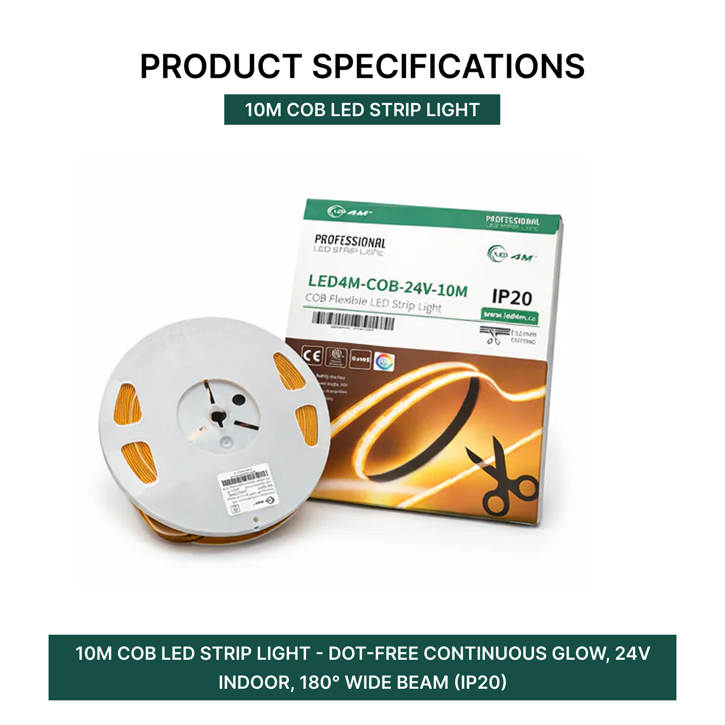 10M COB LED Strip Light - Dot-Free Continuous Glow, 24V Indoor, 180° Wide Beam (IP20)