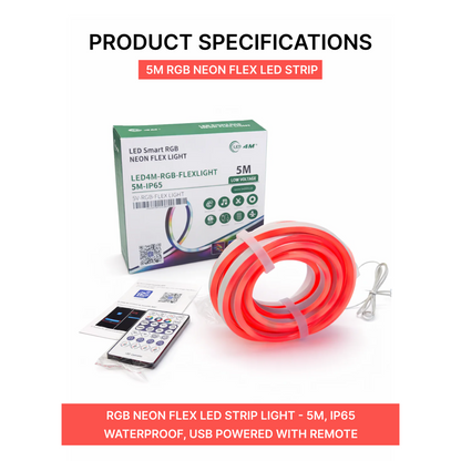 RGB Neon Flex LED Strip Light - 5M, IP65 Waterproof, USB Powered with Remote