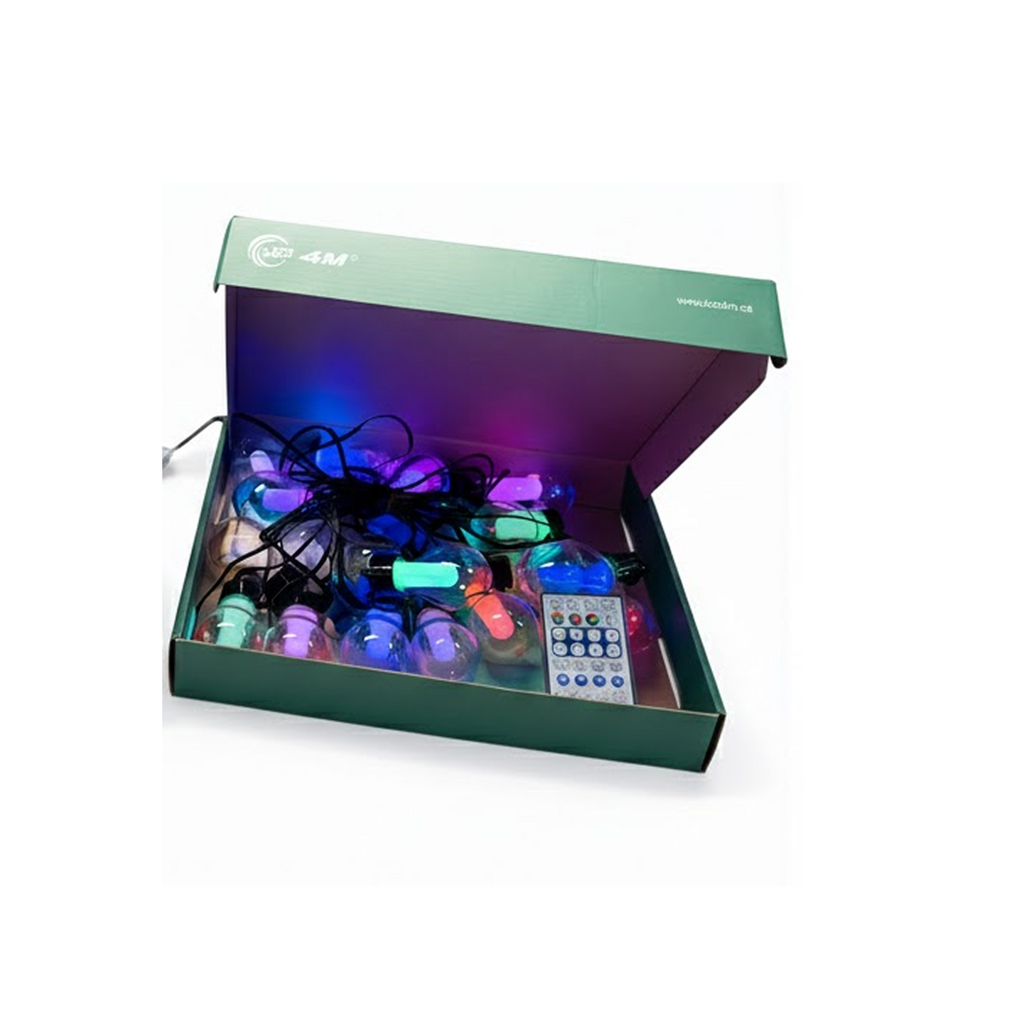 Colorful string lights with a remote control in an open box on a white background