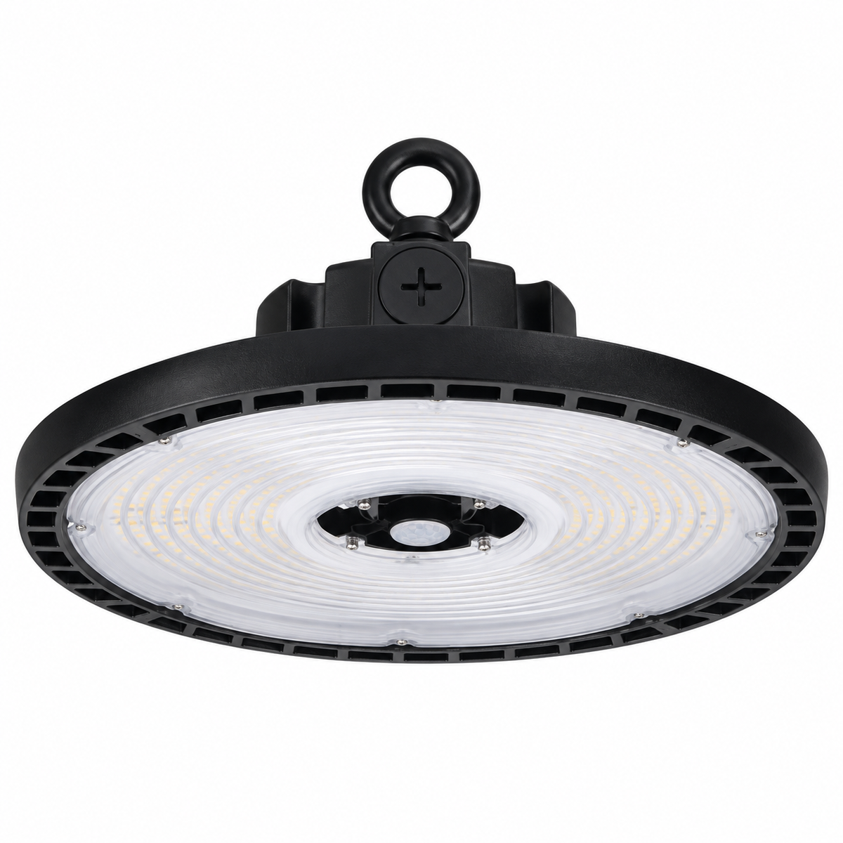 Black UFO LED high bay with concentric lens, centre occupancy sensor and hanging eye