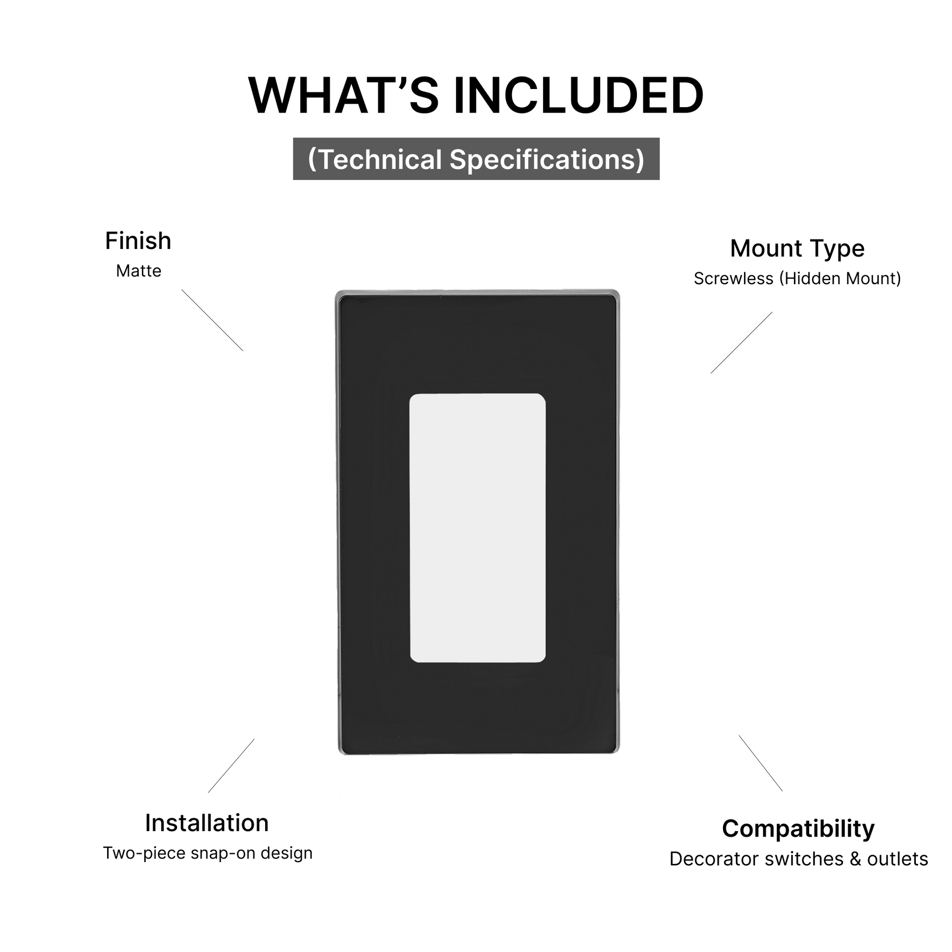 Black switch plate with white center on a white background, displaying technical specifications | Selix kala