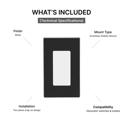 Black switch plate with white center on a white background, displaying technical specifications | Selix kala