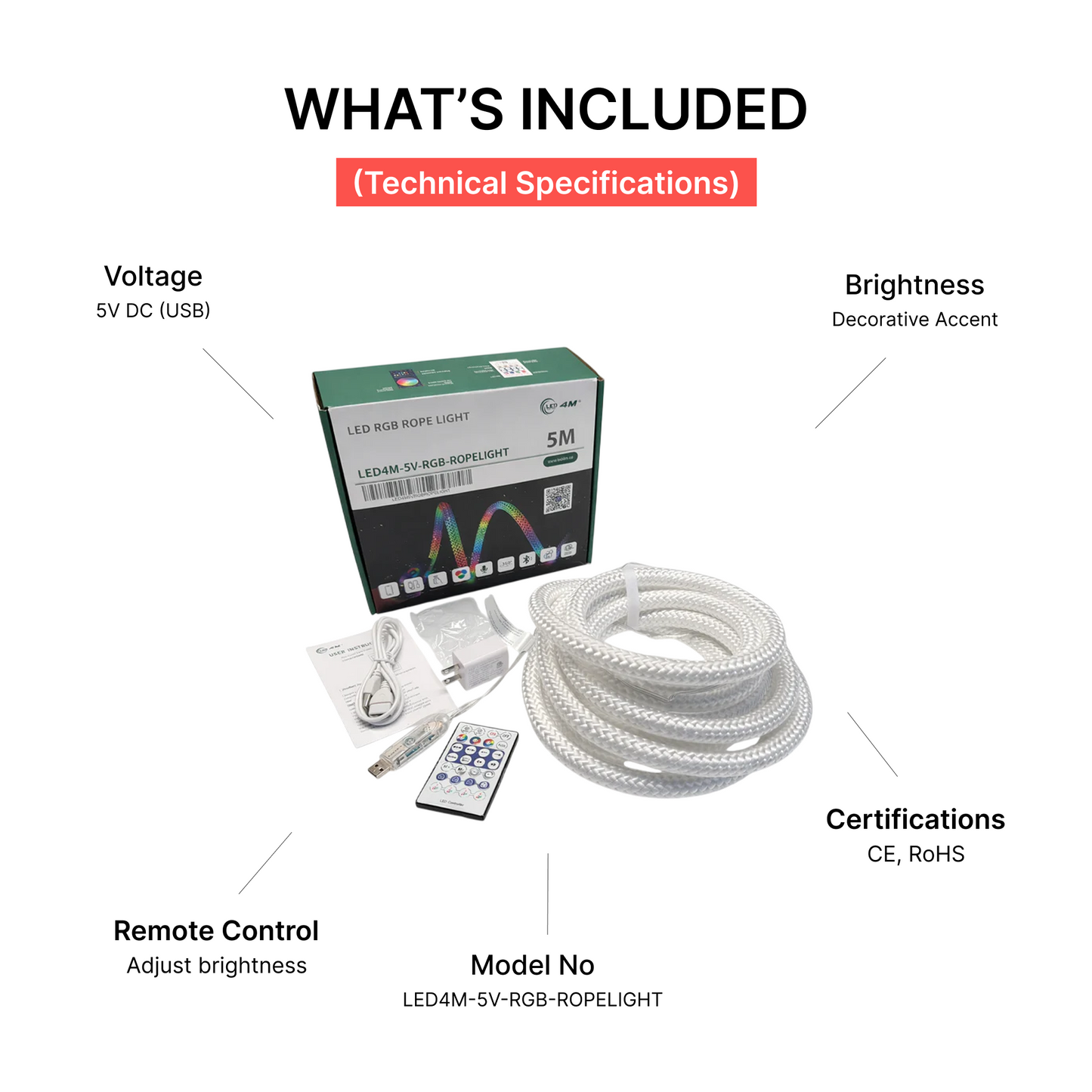 RGB LED Rope Light 5V - USB Powered Multicolor