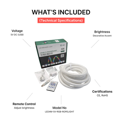 RGB LED Rope Light 5V - USB Powered Multicolor