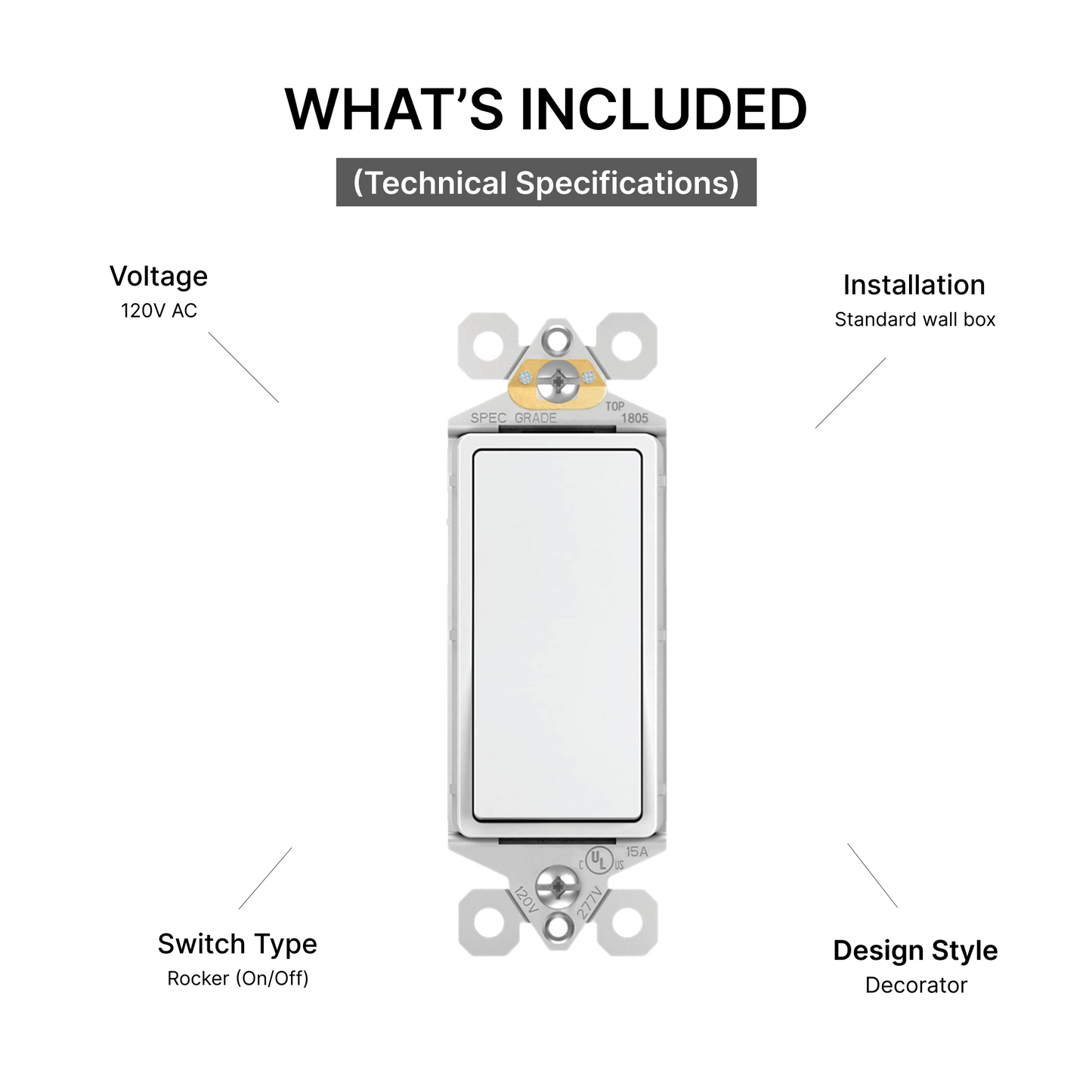 Decorator Rocker Light Switch 15A - Single Pole / 3-Way (Modern Paddle)
Technical Specifications