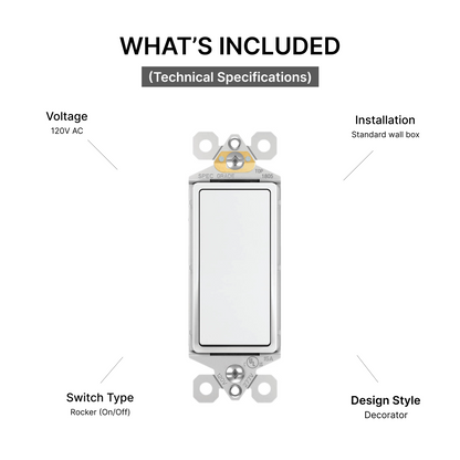 Decorator Rocker Light Switch 15A - Single Pole / 3-Way (Modern Paddle)
Technical Specifications