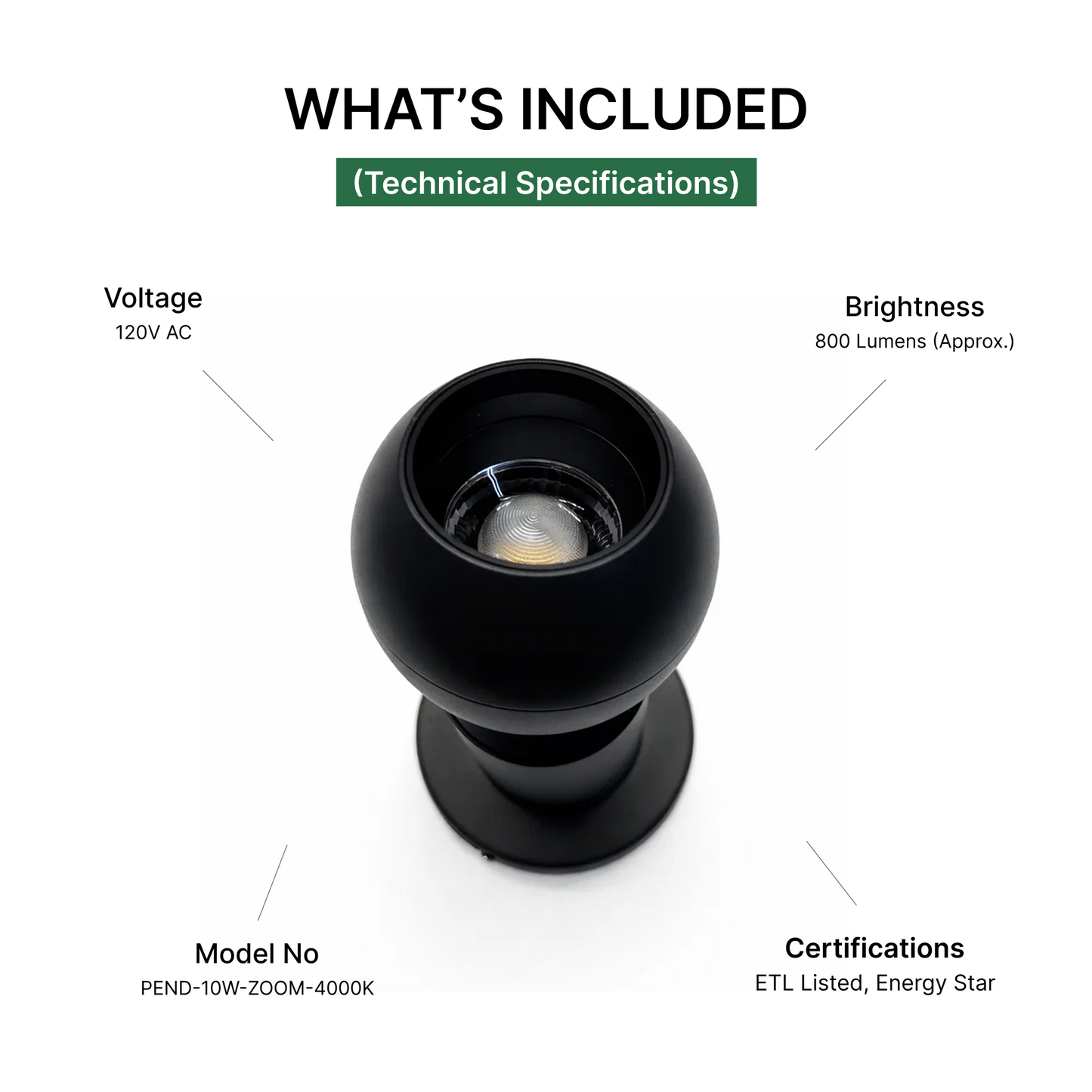 10W LED Hover Pendant Light - Zoomable Beam 10°-55°, 4000K Neutral (Black)