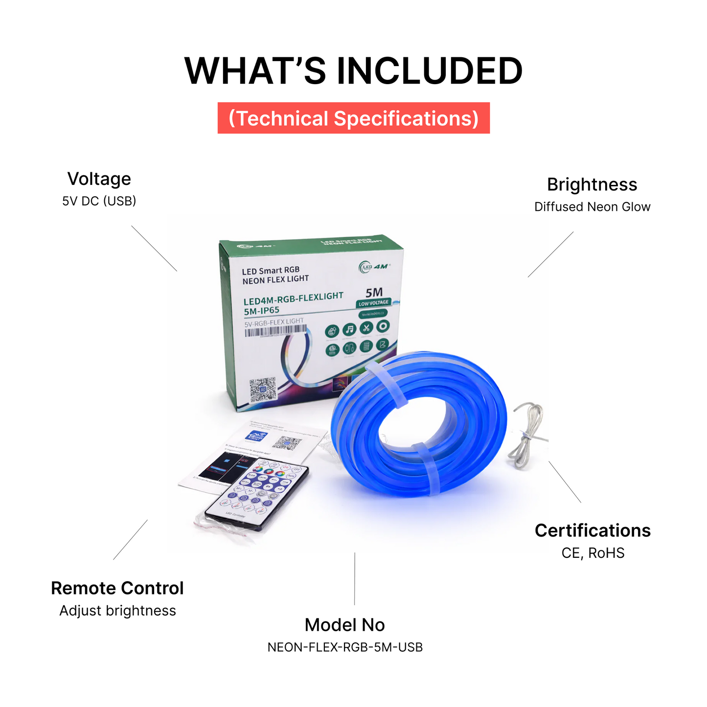 RGB Neon Flex LED Strip Light - 5M, IP65 Waterproof, USB Powered with Remote