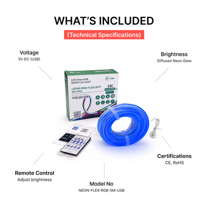 RGB Neon Flex LED Strip Light - 5M, IP65 Waterproof, USB Powered with Remote