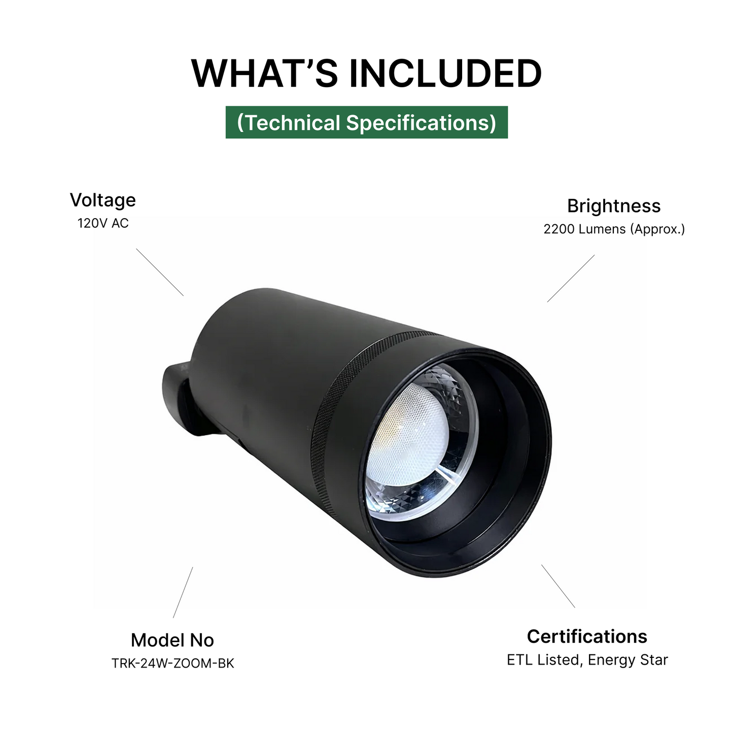 24W LED Track Light Head - Zoomable Beam (Black)