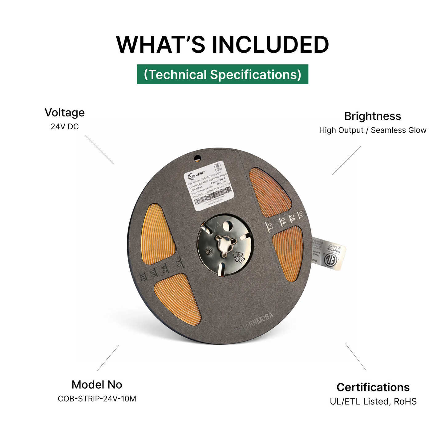 10M COB LED Strip Light - Dot-Free Continuous Glow, 24V Indoor, 180° Wide Beam (IP20)