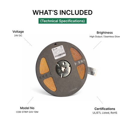 10M COB LED Strip Light - Dot-Free Continuous Glow, 24V Indoor, 180° Wide Beam (IP20)
