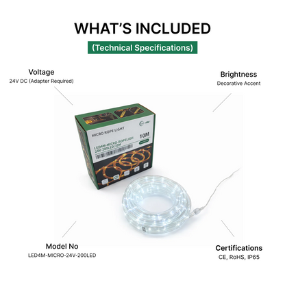 Micro LED Rope Light 10m - 24V 200 LEDs Professional Series