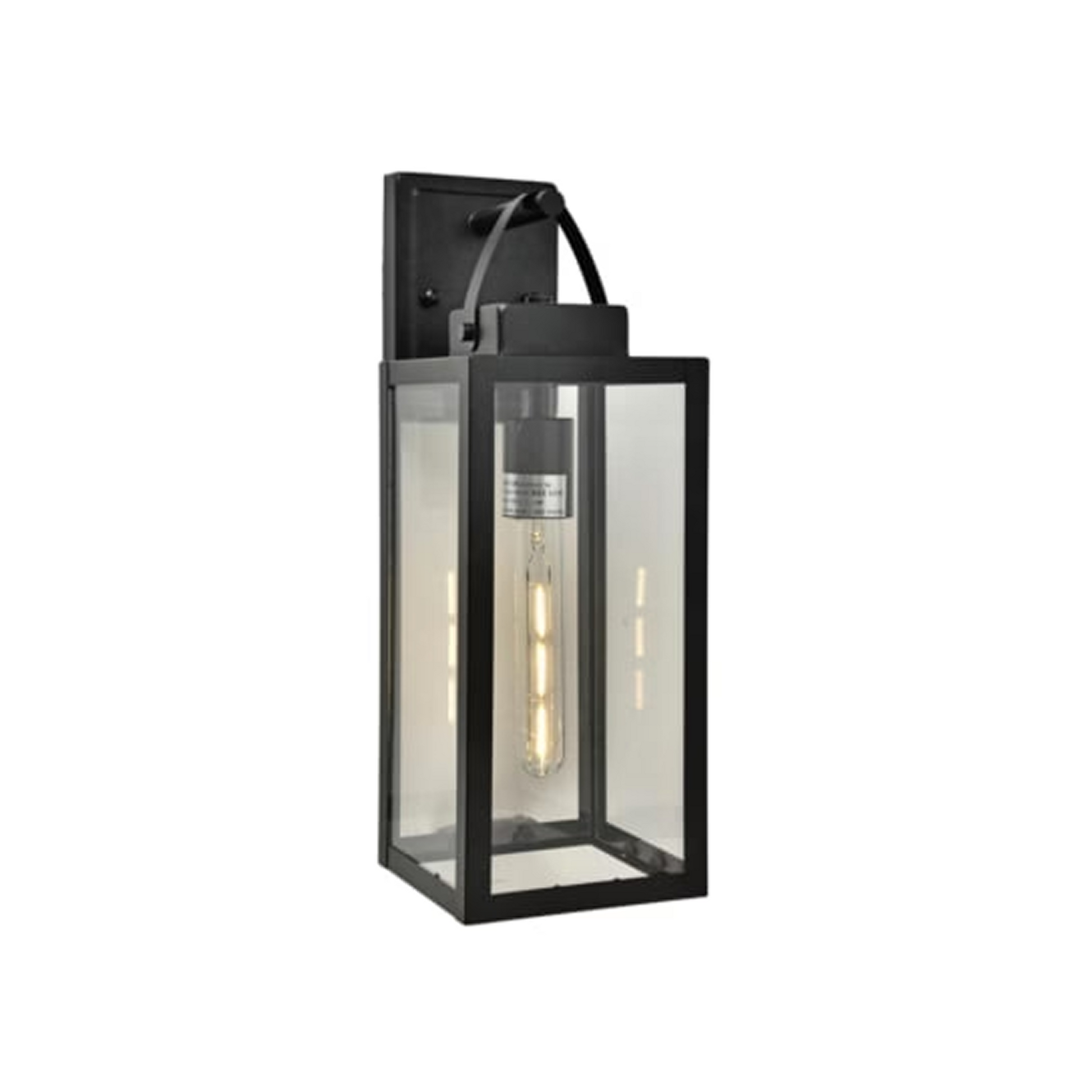 Black outdoor wall lantern with clear glass on a white background