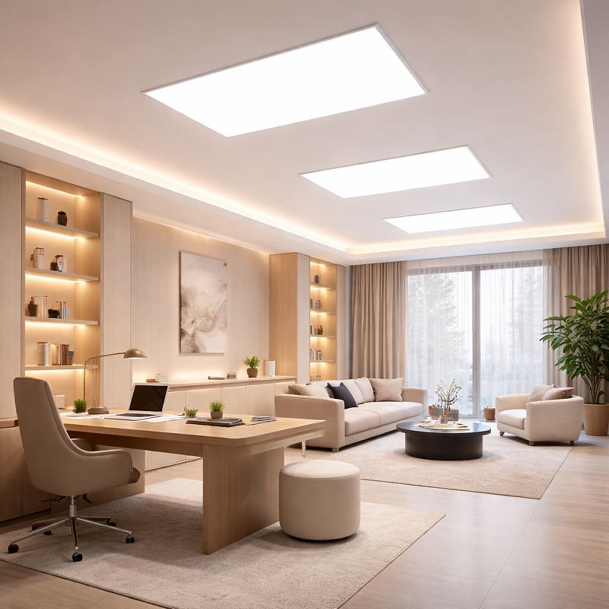 Modern living room with a desk, sofa, and decorative elements.