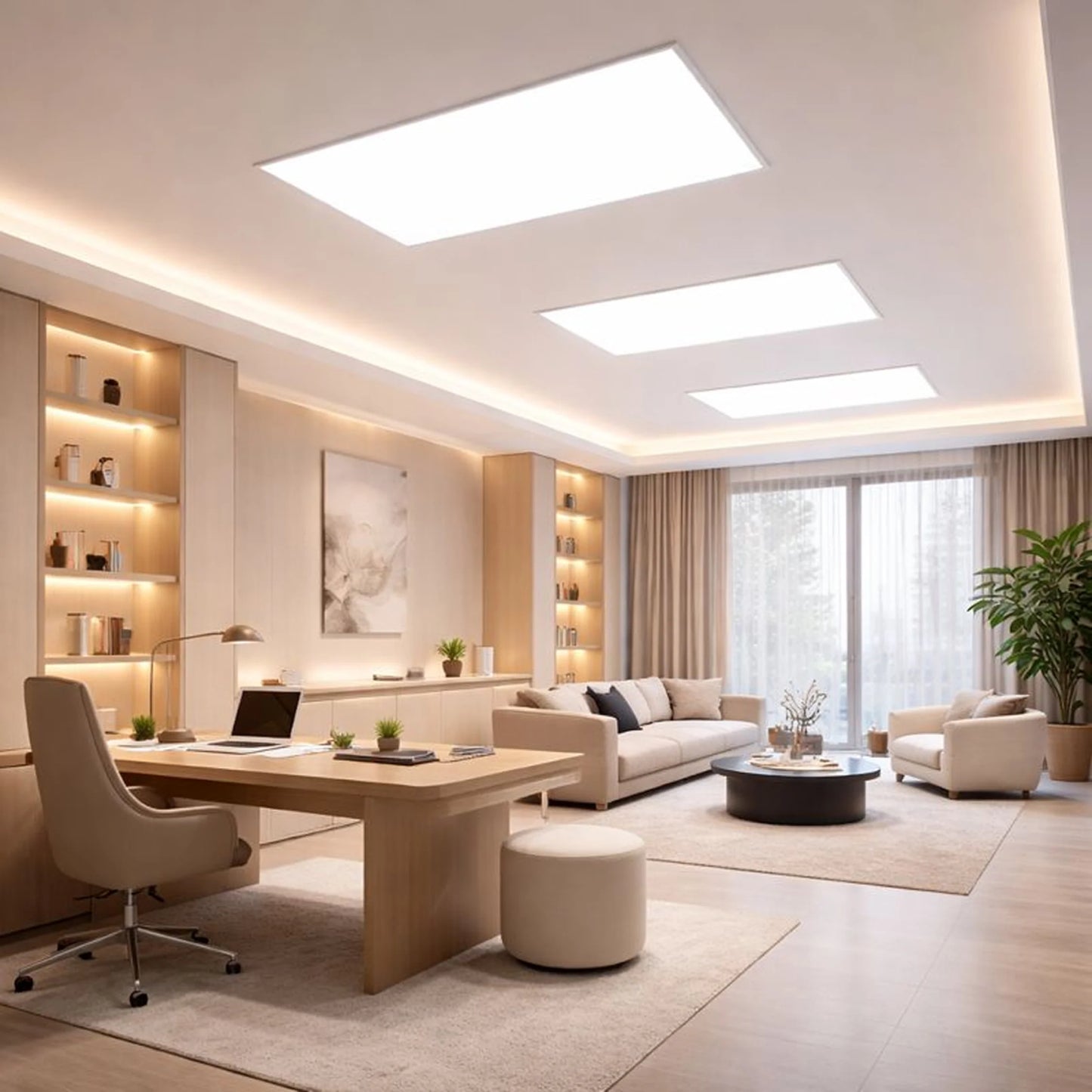 Modern living room with a desk, sofa, and decorative elements | Selix Kala