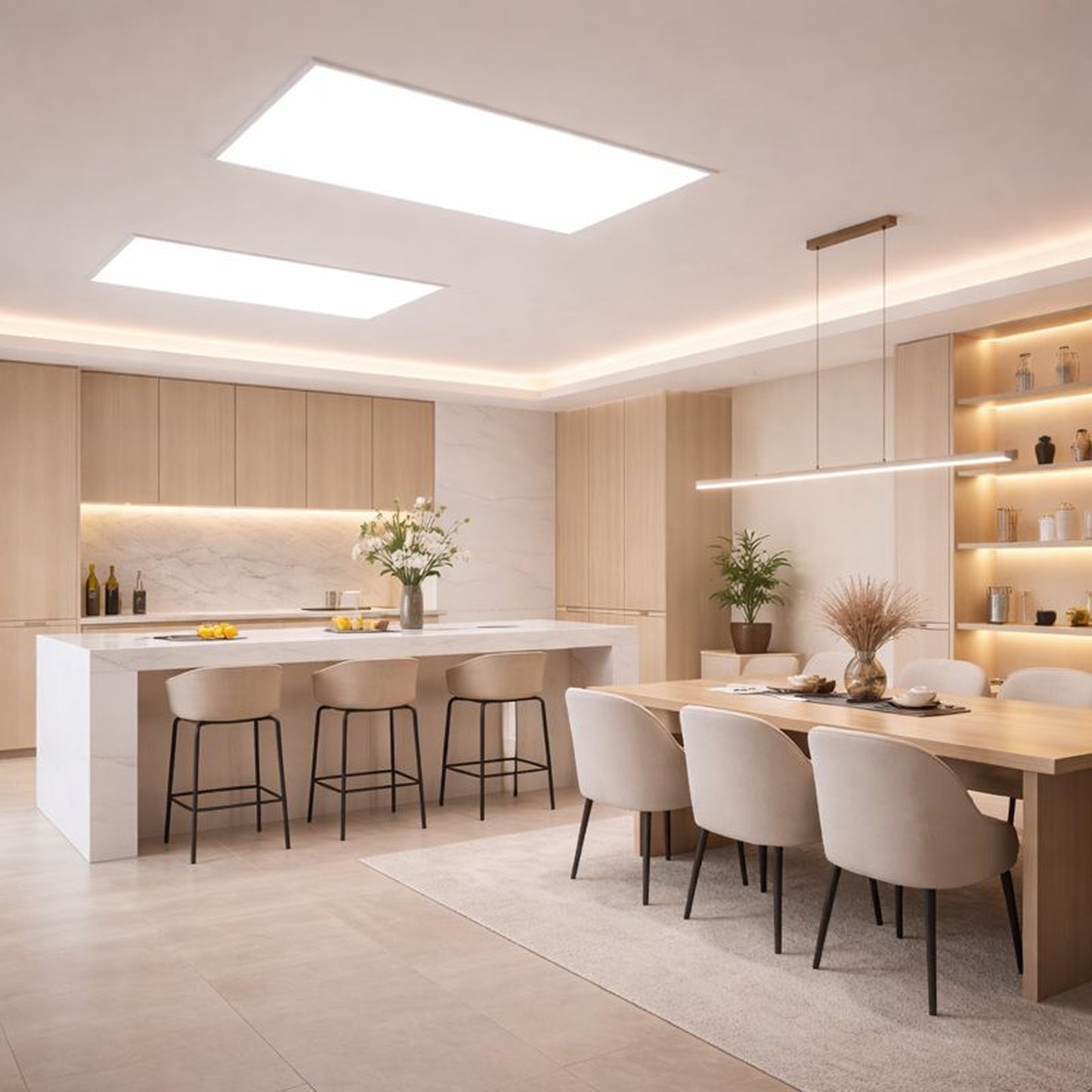 Modern kitchen and dining area with wooden furniture and neutral tones.